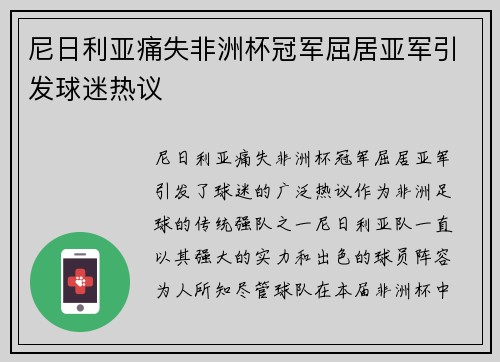 尼日利亚痛失非洲杯冠军屈居亚军引发球迷热议