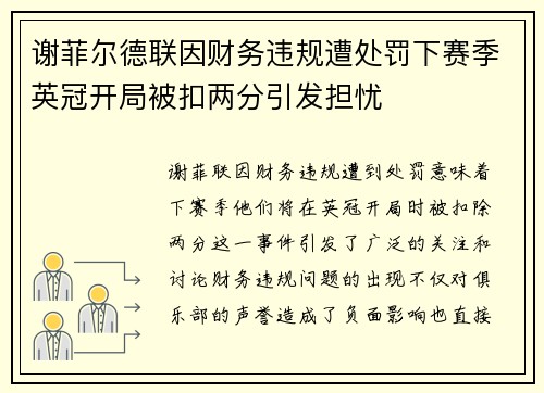 谢菲尔德联因财务违规遭处罚下赛季英冠开局被扣两分引发担忧 谢菲尔德联因财务违规遭处罚下赛季英冠开局被扣两分引发担忧